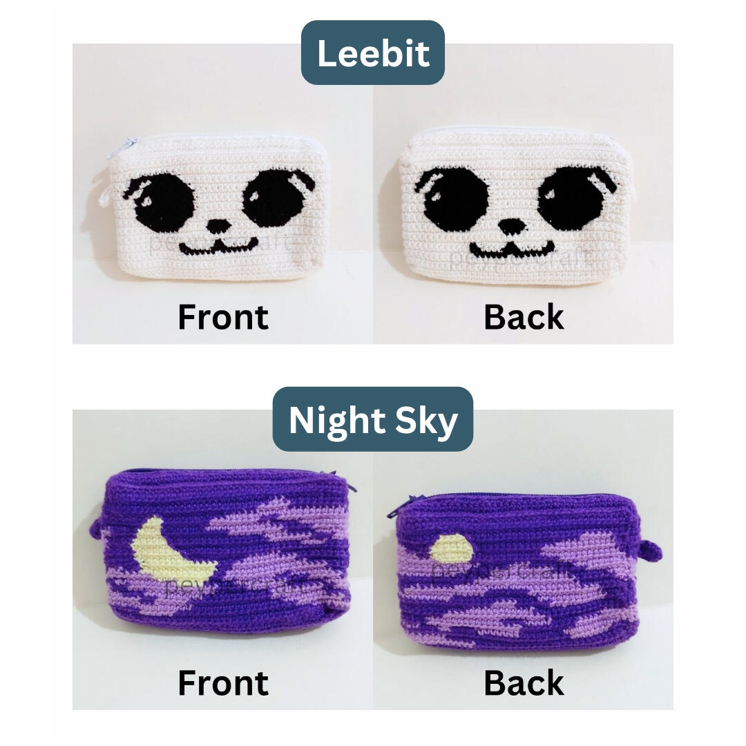 Two kinds of crochet coin purse showing front and back design. Leebit: a rabbit face on front and back, Night Sky: moon and clouds on front and back