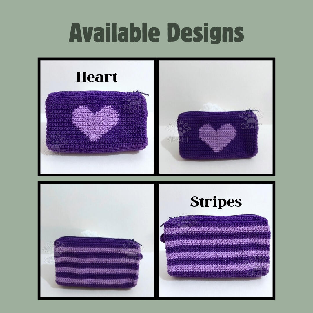 Two kinds of crochet coin purse showing front and back design. Accent heart shape, and stripe